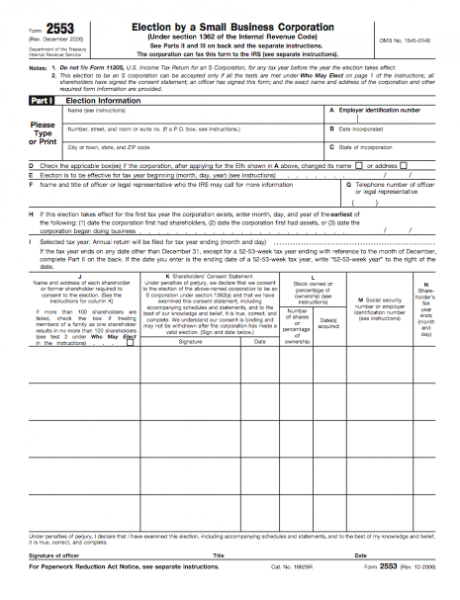 form 2553 election by a small business corporation business forms form 2553