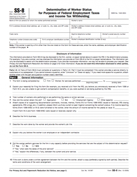 form ss 8 determination of worker status for purposes of federal ss8 form
