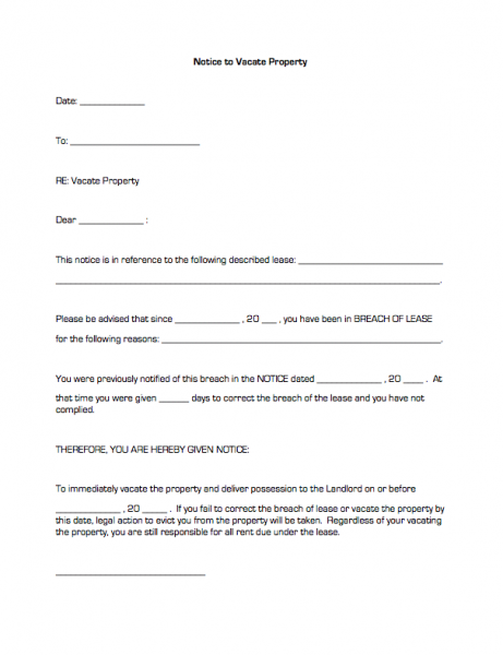 notice to vacate premises sample letter